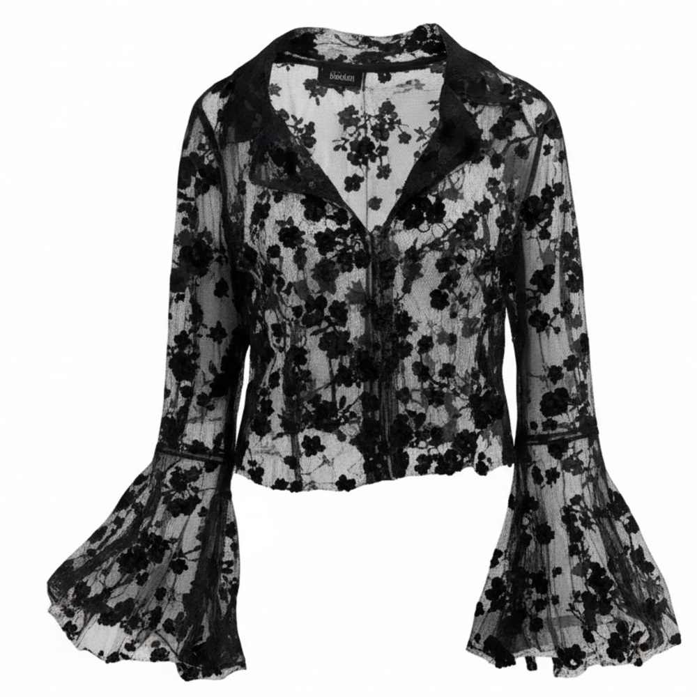 CIDER BLACK SHEER LACEY BOHO CROP TOP FLARE BELL SLEEVES TOP SIZE 0XL NWT🔥